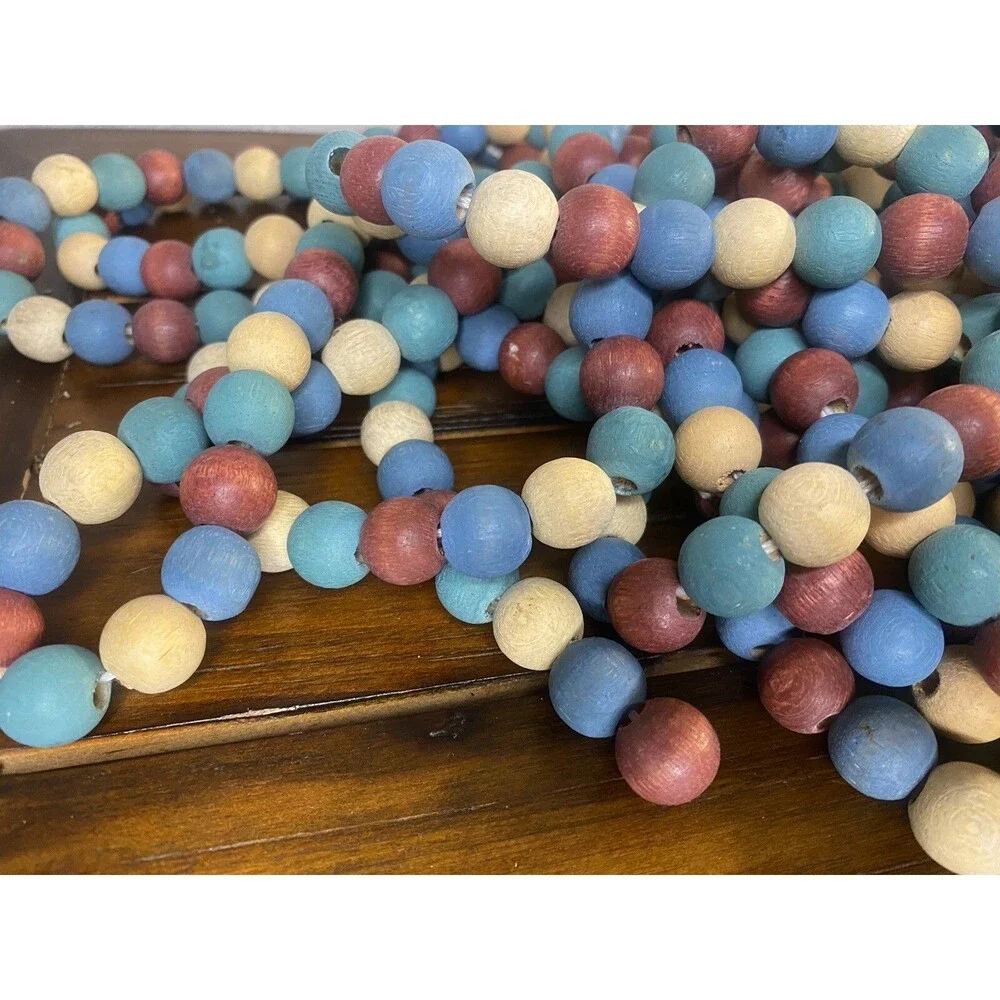 Christmas Wooden Bead Garland Primitive Rustic 4 Strands 8’ Holiday Tree Decor